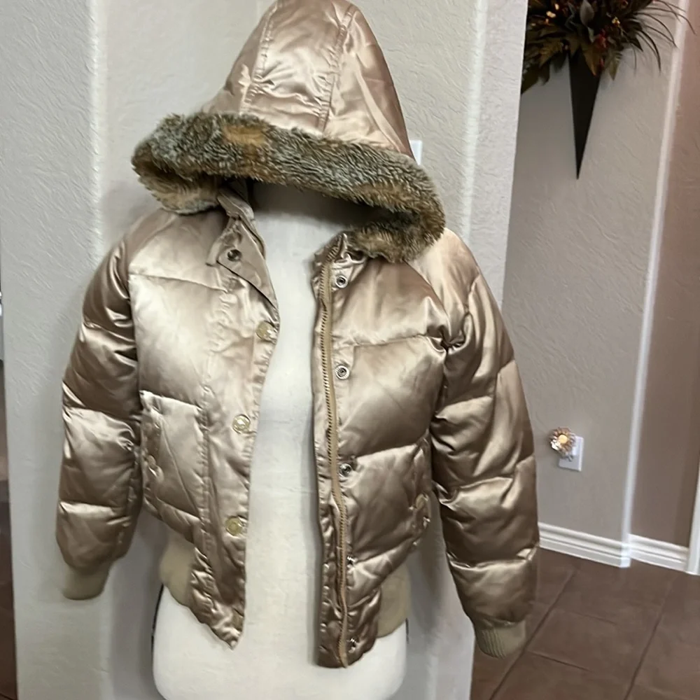 Old Navy tan/gold shiny puffer jacket with faux fur lined hood Size S